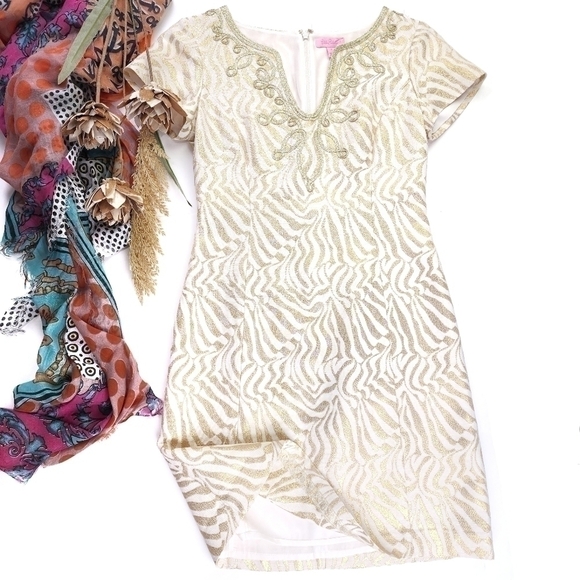 New Lilly Pulitzer Cream Gold Embroidered Metallic Dress Sz 2 - Picture 13 of 13